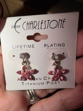 Pink Crystal Flower Drop Earrings